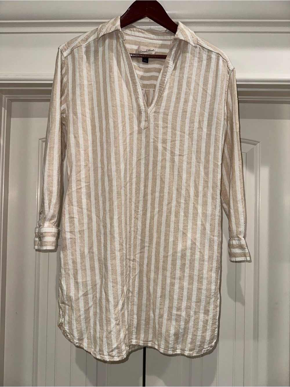 Universal Thread Striped Linen Blend Tunic Top Brown White Roll Tab Sleeve Large